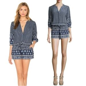 Joie Blue Feather Solstice Boho Silk Romper Sz M Button Front Pockets Relaxed